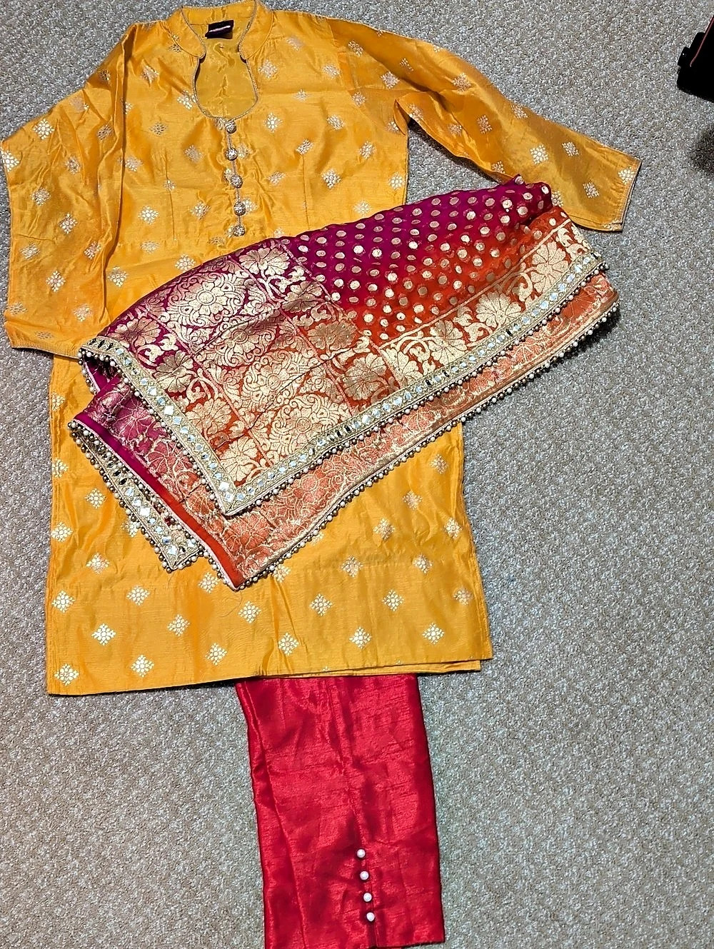 Embellished Kurta Set in Bright Yellow & Red Pants